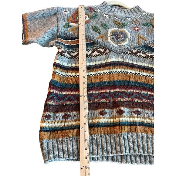 Vintage Gray Flower Striped Acrylic/Lambswool Chunky Sweater-M - Picture 4 of 5